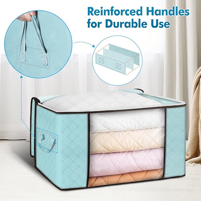 90L Large Storage Bags, 4 Pack Clothes Storage Bins Closet Organizers | Foldable Storage Containers, with Reinforced Handle, for Clothing, Blanket, Comforters, Bed Sheets, Pillows and Toys,Blue