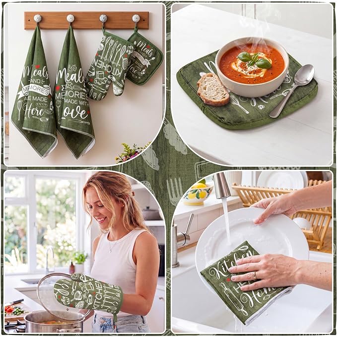 Fourluoo 10 Pcs Sage Green Kitchen Decor Farmhouse Oven Mitts and Pot Holders Sets Green Dish Towels Rustic Vintage Kitchen Rugs Mats for Women Home Decorations Baking Cooking Birthday Summer Gifts
