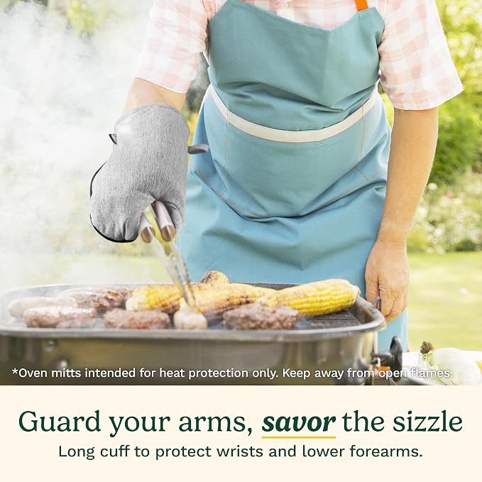 Cuisinart Chambray Kitchen Oven Mitts, Heat-Resistant, 2-Pack, 7"x13" | Non-slip neoprene palm grips up to 350°F, long cuff shields forearms, hang loop for storage, handles cast iron and grilling