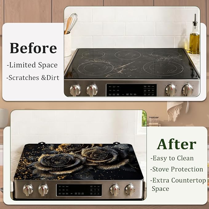 Black Gold Rose Stove Top Cover for Electric Stove 28.5"x 20.5",Heat Resistant Glass Top Stove Cover Protector,Glass Cooktop Covers, Kitchen Flat Electric Stove Top Covers