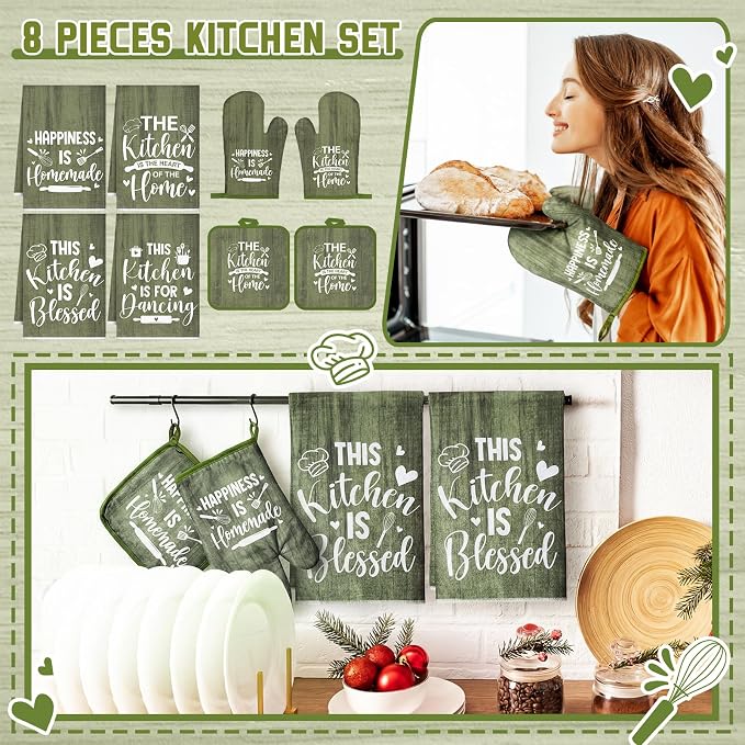 Leinuosen 8 Pcs Kitchen Towels and Oven Mitts Sets Pot Holders Dishcloths Set Kitchen Decorative Accessories Absorbent Potholders Heat Resistant for Chef Baking Cooking