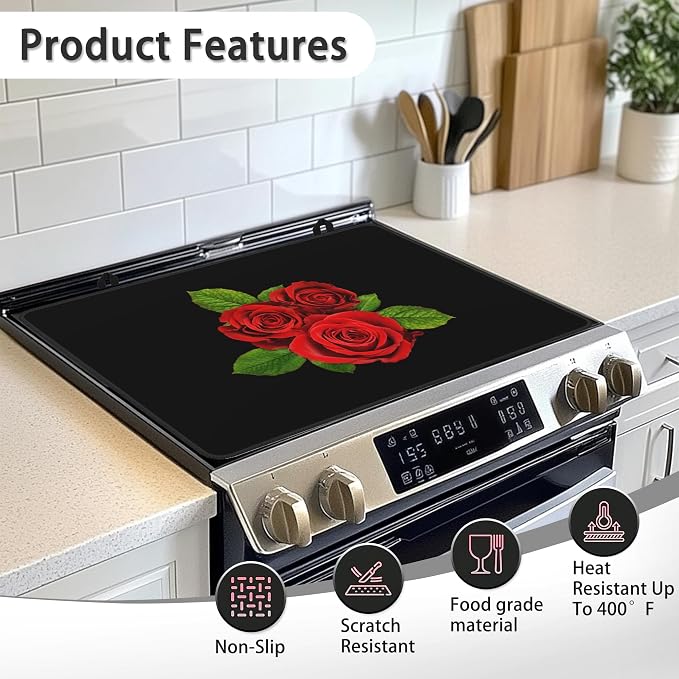 Vintage Rose Stove Top Cover for Electric Stove,Heat Resistant Glass Cooktop Cover,Multipurpose Stove/Counter/Washer Top Protector, Dishwasher Safe Rubber (28x 20)