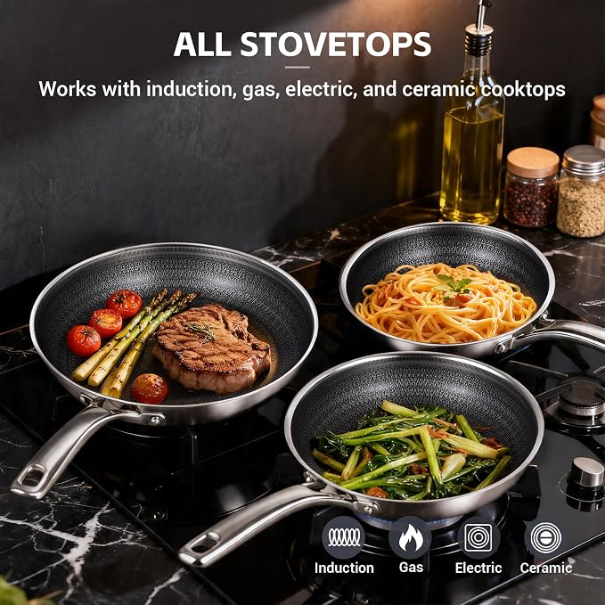 Ammeloo Hybrid Tri-Ply Stainless Steel Frying Pan Set, 8"/9.5"/11" Cooking Pans, Non Stick Frying Pans and Skillets, Chef Pan, Non Toxic, Dishwasher Safe, Induction Compatible, Black Interior
