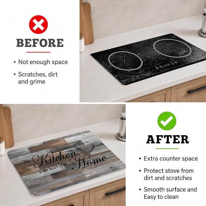 Stove Top Cover for Electric Stove 28"x20" Rubber Stovetop Cover | Heat Resistant Glass Top Stove Cover Protector Mat - Anti-Scratch Dish Drying Mat, Rustic Grey Wood Pattern with 2 Hooks