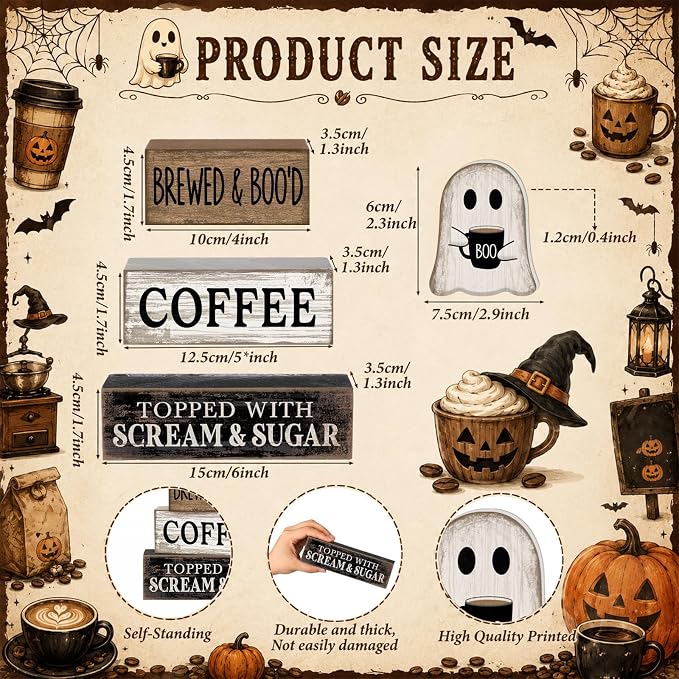 Lineshading 4 Pcs Halloween Ghost Blocks, Wooden Coffee Farmhouse Decor | Tiered Tray Decor for Home, Coffee Bar Table Decoration, Stacking Blocks with BOO Topper, Rustic Halloween Accents