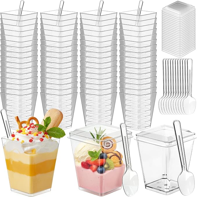 100 Pcs 5 oz Plastic Dessert Cups with Lids and Spoons, Clear Square Mini Dessert Cups for Pudding, Fruit, and Ice Cream, Yogurt Appetizer Cups for Party