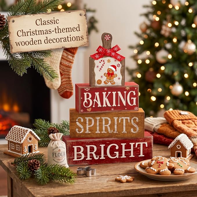 Lineshading 4 Pcs Gingerbread Baking Wood Block Signs, Farmhouse Decor | Rustic Tiered Tray Decor with Phrases, For Christmas Kitchen or Holiday Tabletop, Wooden Farmhouse Style