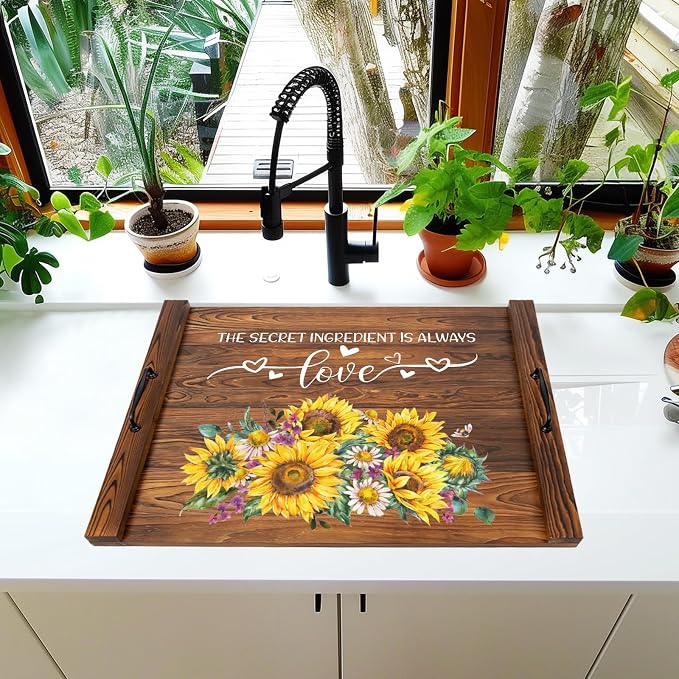 Noodle Board Stovetop Cover with Handles, Sunflower Kitchen Decor Wood Block Covers for Electric & Gas Stove, RV Stove Burner and Sink, Farmhouse Decorative Wooden Tray for Kitchen
