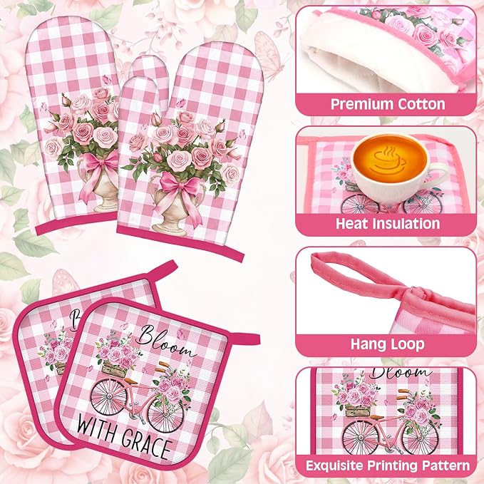 Fourluoo 10 Pcs Pink Rose Kitchen Decor Set Towels and Rugs Oven Mitts and Pot Holders Farmhouse Spring Kitchen Decor Set for Women Mom Gift Cooking Baking Grilling