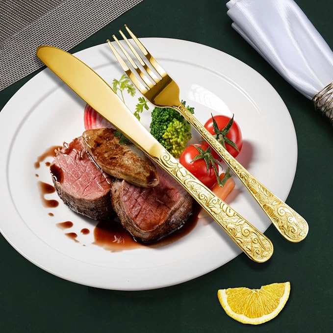 Meythway 40-Piece Vintage Carved Gold Silverware Set for 8, Stainless Steel Flatware Set with Knife/Fork/Spoon, Cutlery Set for Home and Kitchen, Utensil Set with Dishwasher Safe