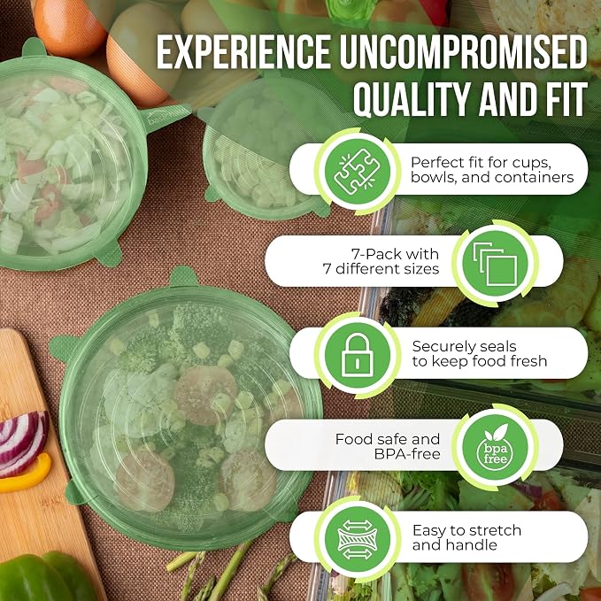 Reusable Silicone Stretch Lids for Food Storage in Fridge - Elastic Heat-Resistant Bowl Covers, Cups, Cans, Jars - Universal Food Grade Lid for Containers - 7 Pack - Light Green Stretchy Lid Set