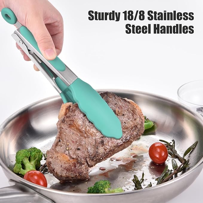 Doosu Kitchen Tongs with Silicone Tips for Cooking Serving (7in, Aqua Sky) | 600°F Heat Resistant Food Tong, Heavy Duty Stainless Steel Locking Tong for BBQ, Grilling Steak, Salad, Toast, Pasta
