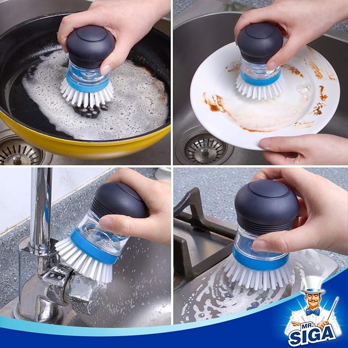 MR.SIGA Soap Dispensing Palm Brush, 2 Pack, Navy/Blue | Dish brush with soap dispenser, palm scrubber, palm scrub brush, ideal for kitchen and dishes cleaning