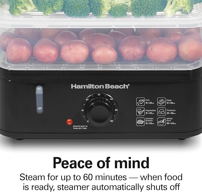 Hamilton Beach Electric Food Steamer, Rice Cooker & Egg Boiler | For Quick Healthy Cooking | 9.5 Qt. Stackable Three-Tier Bowls For Vegetables and Seafood | Auto Shutoff | Black