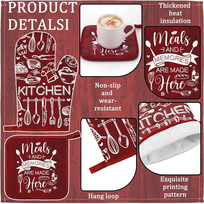 Fourluoo 10 Pcs Red Kitchen Decor and Accessories Oven Mitts and Pot Holders Sets Red and White Dish Towels Farmhouse Kitchen Rugs Mats for Home Baking Cooking Birthday Summer Decorations Women Gifts