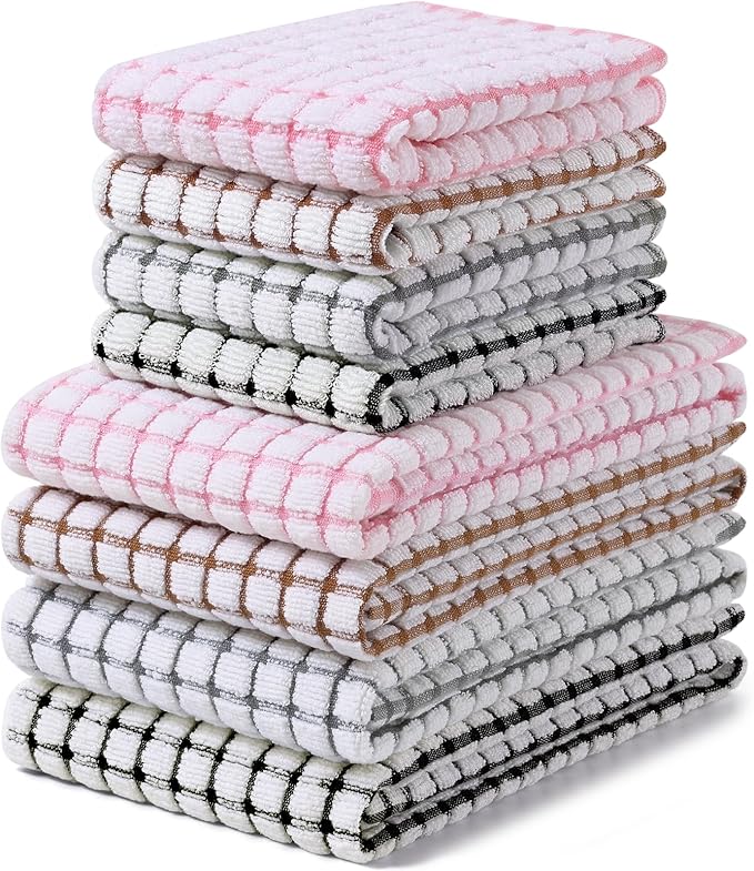 Homaxy Kitchen Towels and Dishcloths Set, Set of 8, Black/Grey/Pink/Brown | Cotton Terry Kitchen Dish Towels, Super Soft and Absorbent Dish Cloths, 16 x 25 and 12 x 12 Inches