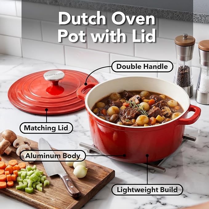 OVENTE 4.6 Qt Aluminum Dutch Oven with Lid, Red DOA546R | Non-Stick Coated Cookware for Sourdough Bread Baking, Braising, Cooking Soups & More, Dishwasher Safe, Works on All Stovetops