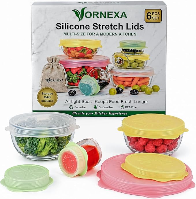 Silicone Stretch Lids 6 PCS – Airtight Reusable Food Covers for Bowls & Containers, Multi Size Flexible Silicone Lids, Leak Proof, BPA Free, Microwave Dishwasher & Freezer Safe