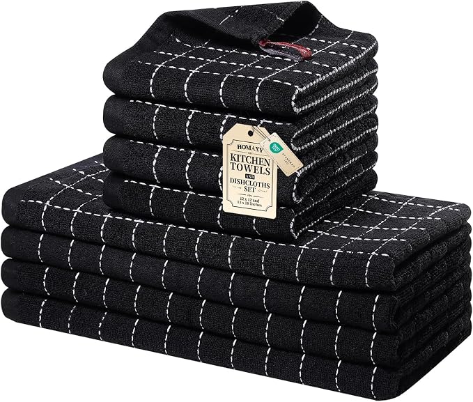 Homaxy Kitchen Towels and Dishcloths Set, Set of 8, Black | Bulk Cotton Terry Kitchen Towels, Checkered Designed, Soft and Super Absorbent Dish Towels, 12 x 12 and 13 x 28 Inches