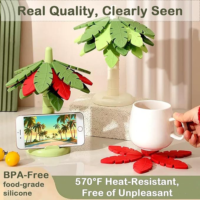 Silicone Trivets for Hot Dishes and Pans, Heat Resistant Tree-Shaped Pot Holders (Set of 4) BPA Free, Non-Slip Kitchen Trivet Mats, Elegant Christmas Design for Countertops & Dining Tables Red