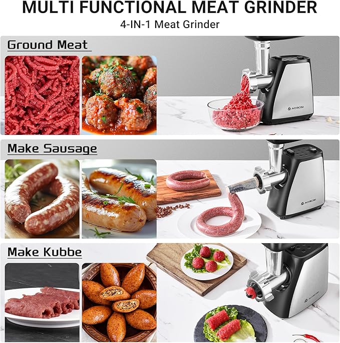 AAOBOSI Meat Grinder Electric, [2800W Max] Meat Grinder, Cheese Grater, Sausage Maker & Kibbe Kit for Home Use