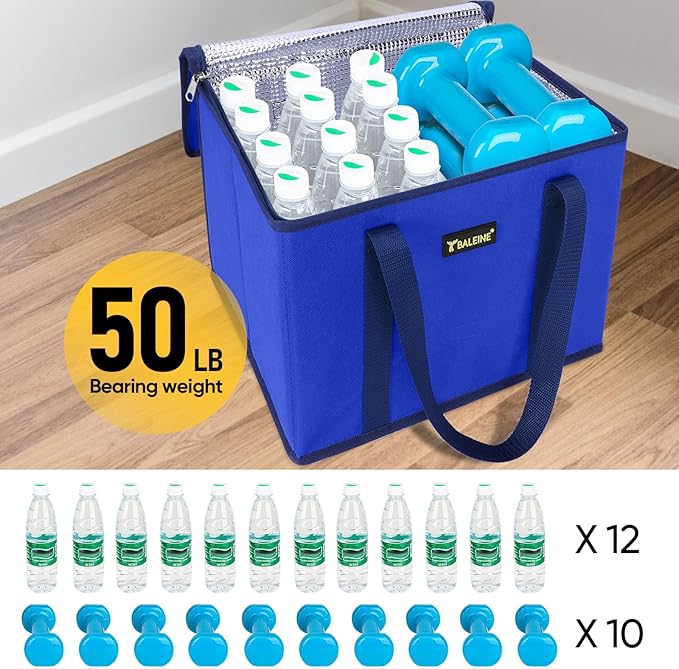 BALEINE 1PK Insulated Reusable Grocery Bag, Heavy Duty Shopping Tote | Foam & Foil Insulation, 9" Long Handles, Reinforced Bottom Keeps Upright, Fold Flat Storage, Water-Resistant Shopping Bag