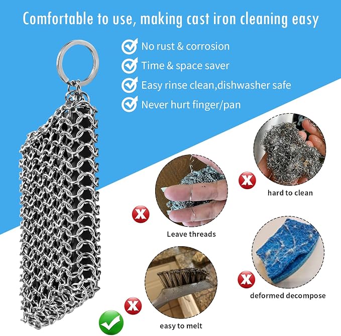 Herda 316L Cast Iron Scrubber Cleaner, Large Chainmail Cast Iron Cleaner | Honeycomb Silicone Insert, Flexible,Stainless Steel Chain Mail Metal Sponge Scrub Skillets,Oven,Flat Top,Grill Pan Pot Brush
