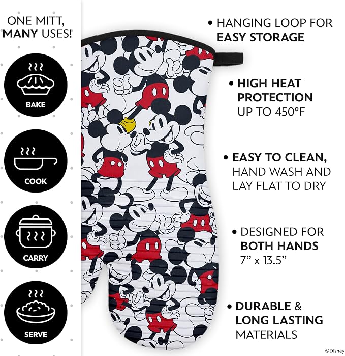 Disney Silicone Oven Mitts Heat Resistant – Set of 2 Long Cuff Cotton Kitchen Mitts with Silicone Grip Stripes, Cute Oven Mitts & Pot Holders for Cooking, Baking & Kitchen Essentials- Mickey