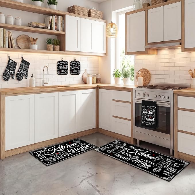 10 Pcs Kitchen Decor and Accessories Set, Modern Art | Farmhouse Chalkboard 4 Dish Towels Kitchen Rugs 2 Oven Mitts 2 Pot Holders, Home Decor for Cooking Baking BBQ Housewarming