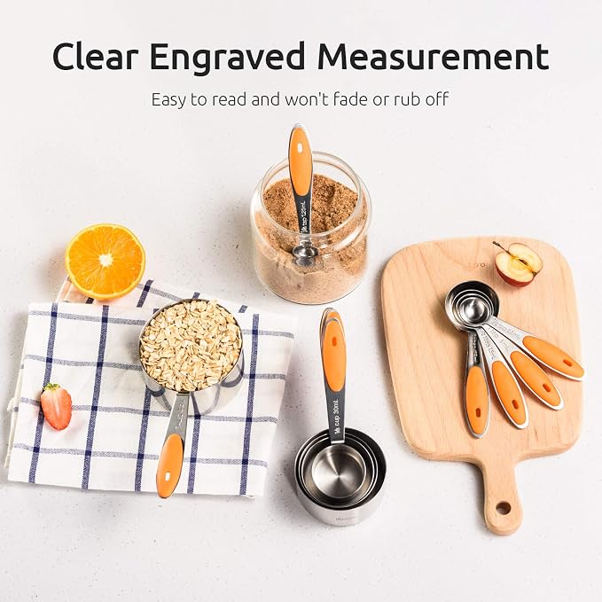 U-Taste Measuring Cups Spoons Set, 18/8 Stainless Steel, 10Pcs, Orange | Upgraded Thickened Handle, Reinforced Welded Joints, Nested Stackable Design, Metal Measure Set for Kitchen Baking Cooking