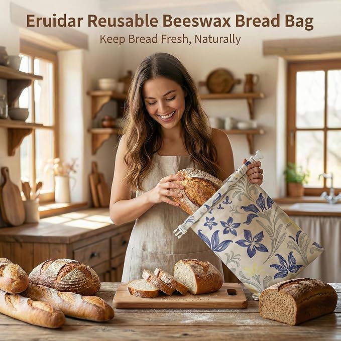 Beeswax Bread Bags for Sourdough & Homemade Bread (2 Pack) | XL 13"x17" Large Reusable Cotton & Linen Bread Bag, Keep Loaves Fresh Longer, Natural & Easy to Clean (Classic Blue Floral)
