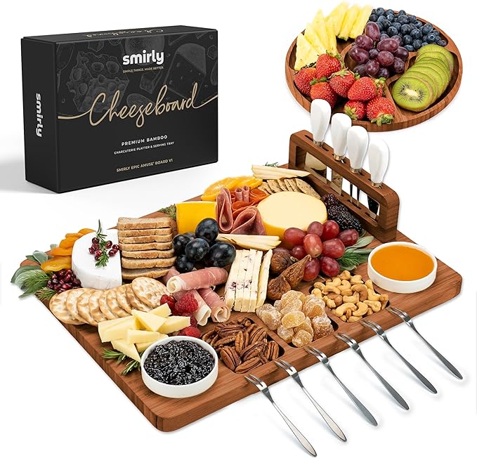 SMIRLY Charcuterie Boards Set, Cheese Board with Accessories, Brown Bamboo | House Warming Gifts, Wedding Gifts for Couples, Bridal Shower Gifts, Magnetic Holder for 4 Cheese Knives, Fruit Tray