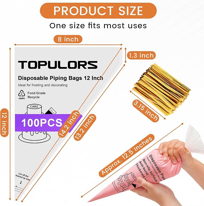 TOPULORS Disposable Piping Bags, 12"H 14" Full Size, 100PCS Pastry Bags | With Twist Ties, Extra Thick Tear Resistant Non-Slip Tipless Icing Bag, Easy Squeeze for Cake Cookie Frosting Decoration