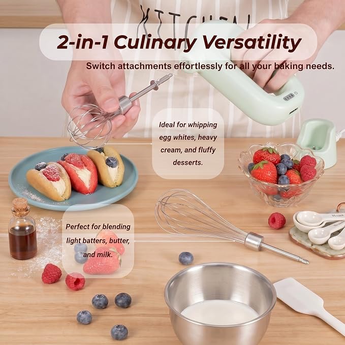 Colorful Mini Cordless Hand Mixer, Self-Standing USB Rechargeable Handheld Egg Beater with 4 Speeds & 2 Whisks, Lightweight Portable Electric Whisk for Kitchen Baking and Cooking(Green)