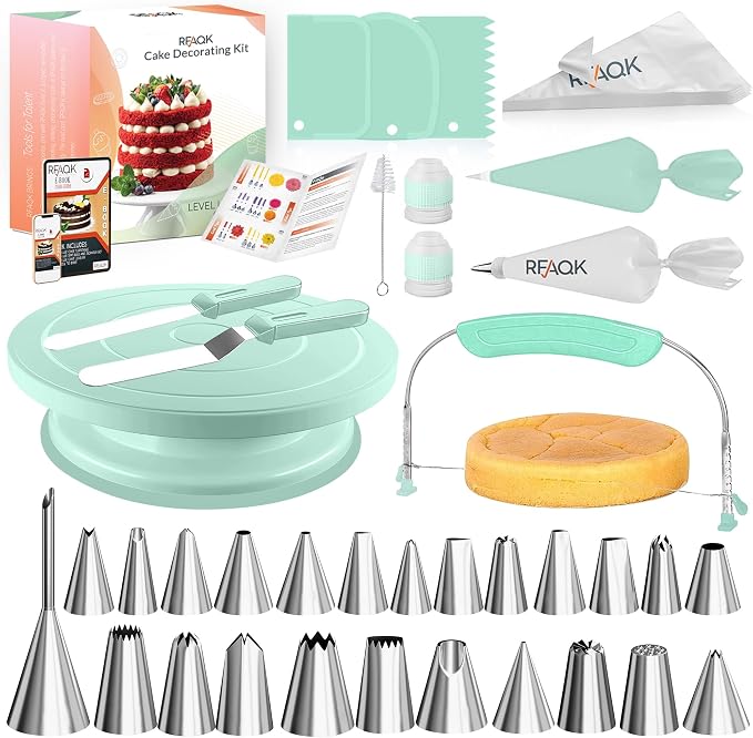 RFAQK 90PCs Cake Decorating Kit with Leveler, Baking Supplies Gift Includes Cake Stand Turntable, 24 Numbered Icing Tips, 55+1 Piping Bags, 2 Frosting Spatulas, 5 Scrappers, Video Course & Booklet