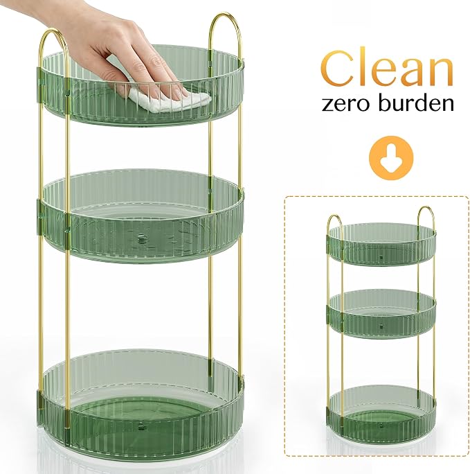 Rotating Makeup Organizer Countertop, 3 Tier, Green | Skincare Organizers, Spinning Perfume Tray Stand, Makeup Storage Organizer for Vanity, Bathroom Organizer, Lazy Susan