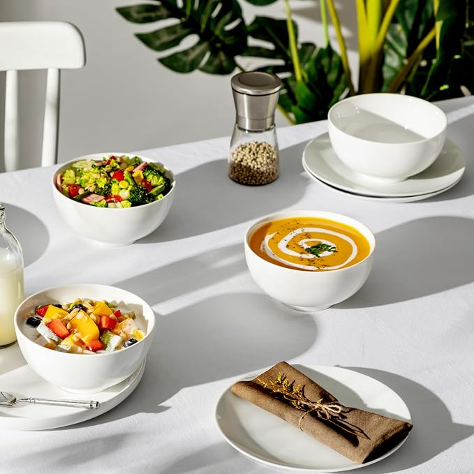 MALACASA 26 Oz White Ceramic Soup Bowls of 4, Cereal Bowls for Kitchen | Perfect for soup, cereal, dinner, noodles,ramen or fruit; scratch-resistant, stackable, microwave, oven & dishwasher safe