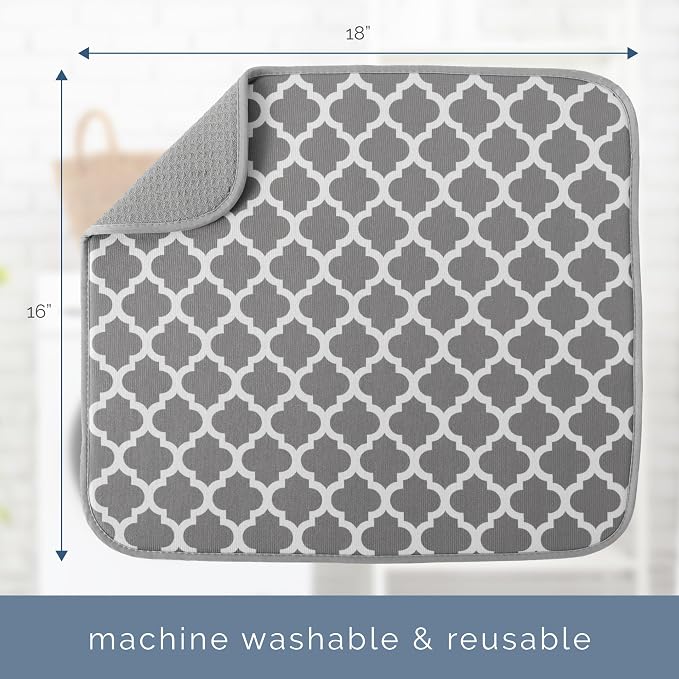 S&T INC. Dish Drying Mat, 16" x 18", Large, Trellis | Absorbent Microfiber, Kitchen Counter Mat for Dishes, Utensils, Pots and Pans, Machine Washable