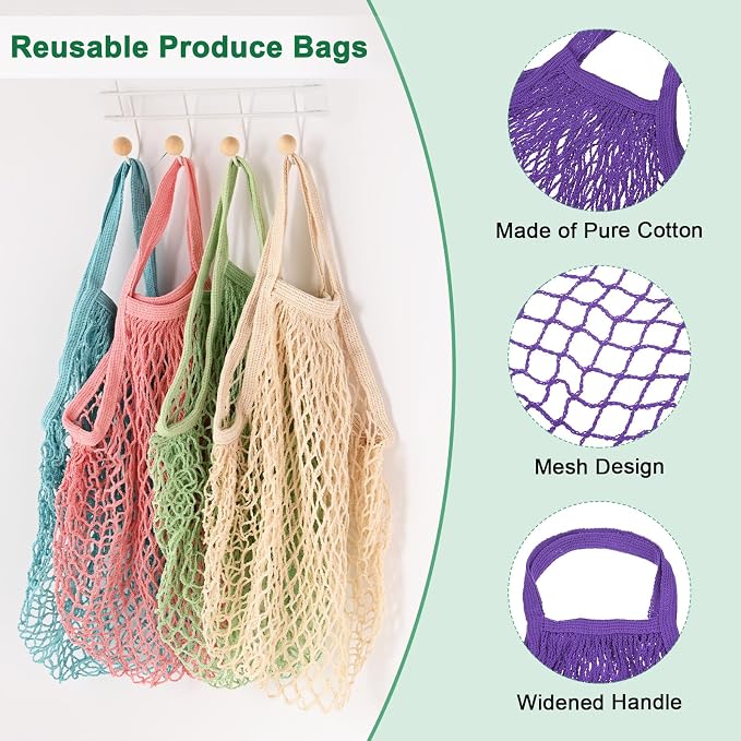 M METERXITY 1-Pack Cotton Mesh Bag, Reusable Washable Mesh Net String Grocery Bags, Reusable Produce Bags with Handle, Net Tote Bag for Fruits/Vegetables Shopping [Purple, Short Handle]