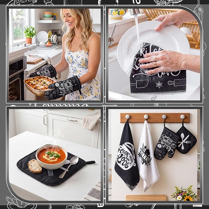 Leinuosen 8 Pcs Home Kitchen Towels and Dishcloths Sets Pot Holders and Oven Mitts Sets Absorbent Kitchen Gloves Potholders Heat Resistant for Chef Baking Cooking