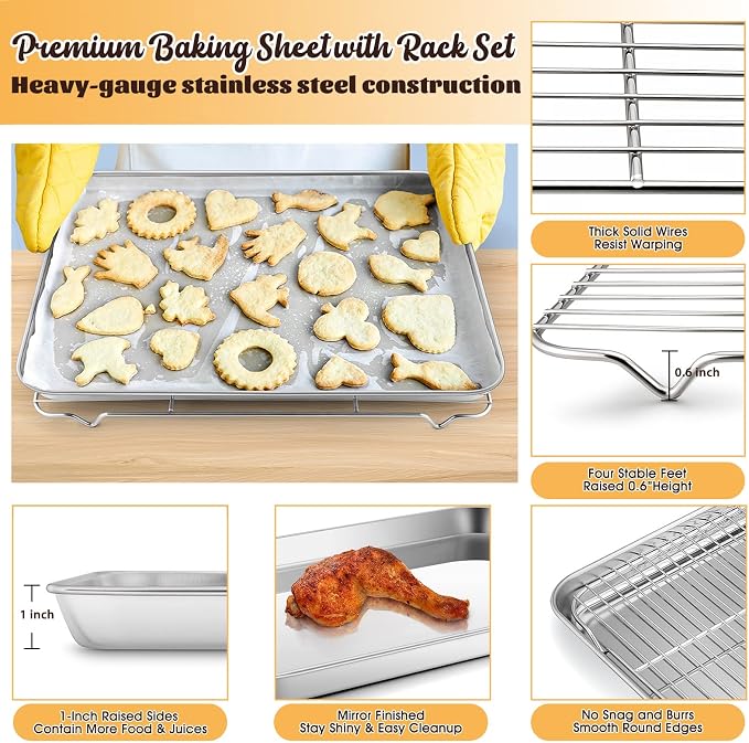 E-far Cookie Sheet with Rack Set, 18”x13” Baking Pan for Oven Roasting | Stainless Steel Half Sheet Rimmed Tray with Wire Cooling Rack, For Cooking Broiling Bacon Meat Steak, Dishwasher Safe