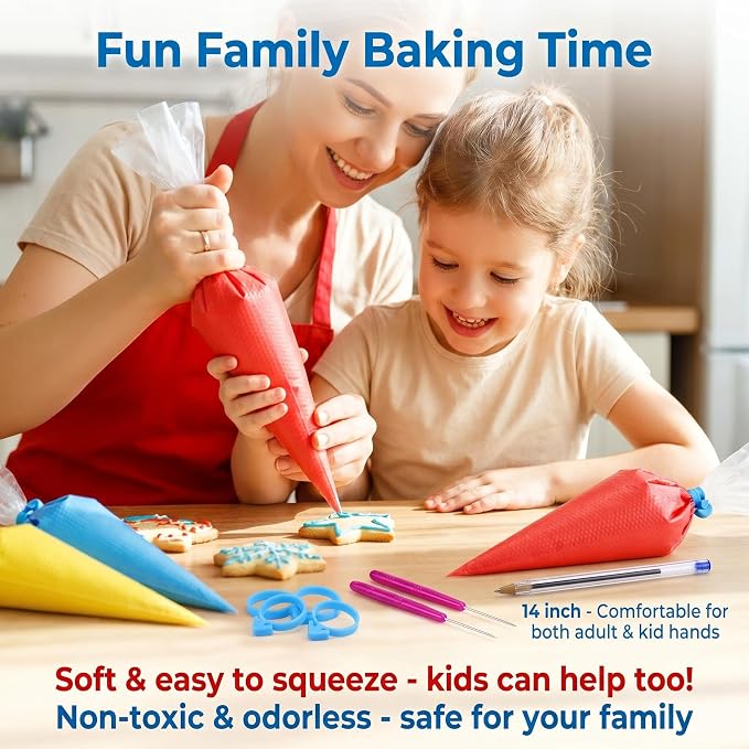 122Pieces Tipless Piping Bags - 100pcs Disposable Piping Pastry Bag for Royal Icing/Cookies Decorating - 10 Pastry Bag Ties,10 Clips &2 Scriber Needle - Best Cookie/Cake Decorating Tools (14 inch)