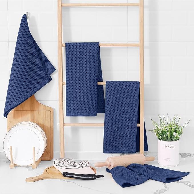 Homaxy 100% Cotton Waffle Weave Kitchen Towels, 15-Pack, Navy Blue | Ultra Soft Absorbent Dish Towels, Quick Drying Cleaning Towels, 13 x 28 Inches