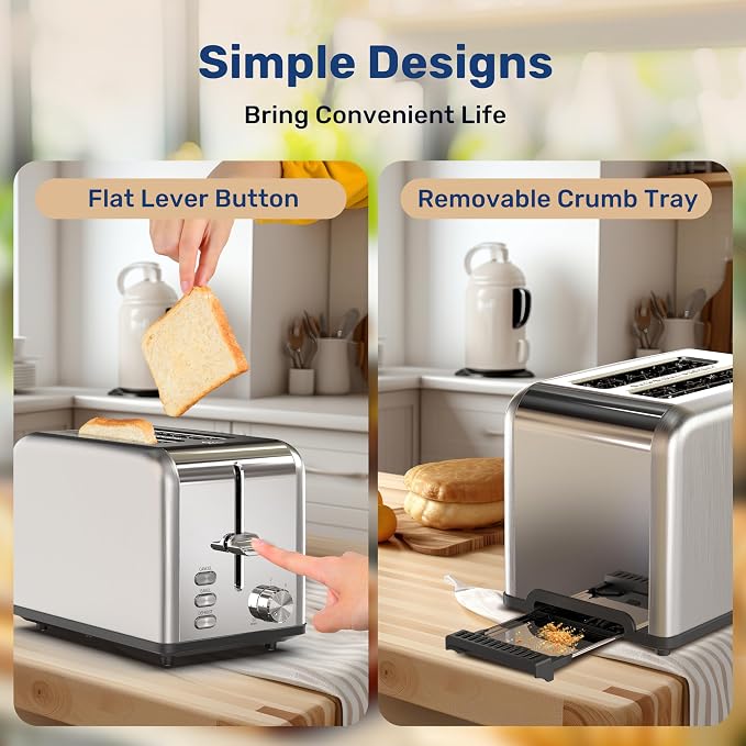YSSOA Stainless Steel Toaster 2 Slice with Extra Wide Slot & Removable Crumb Tray, 6 Shade Settings and Bagel/Defrost/Cancel Functions, Compact Oven, for Various Bread & Waffle, Silver New