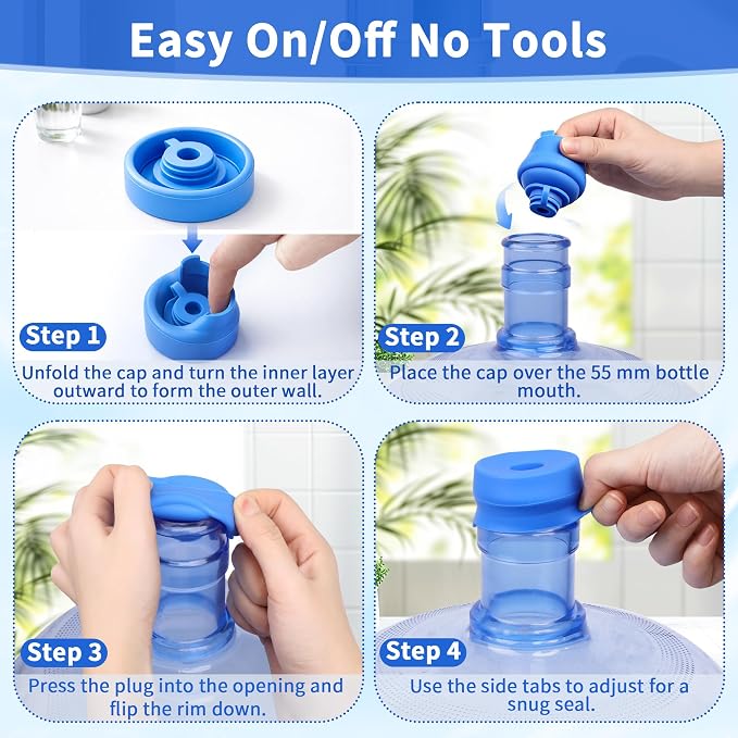 5 Gallon Water Jug Caps, 3 Pack, Fits 55mm Openings, Non-Spill Lids | 2-5 Gal Bottles, Reusable Silicone Water Bottle Caps, Refill Transport, Water Cooler Use, Bottle Pump Use, Side Pull Tabs