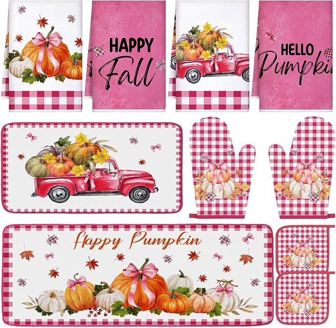 Fanfanwin 10 Pcs Fall Scarecrow Kitchen Decor Set Scarecrow Pumpkin Kitchen Rugs Towels Pot Holders Oven Mitts Set for Thanksgiving Autumn Baking Cooking BBQ Home