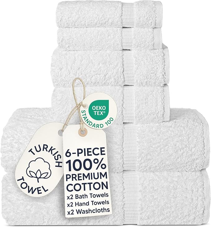 Chakir Turkish Linens Luxury Spa and Hotel Quality Premium Turkish Cotton 6-Piece Towel Set (2 x Bath Towels, 2 x Hand Towels, 2 x Washcloths)