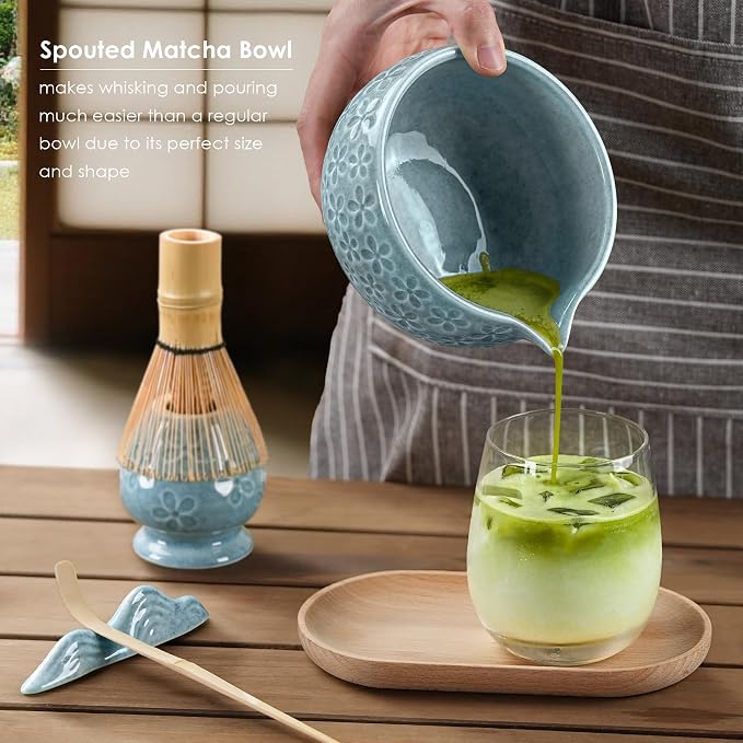 7Pcs Matcha Whisk Set, Matcha Set Whisk and Bowl,Bamboo Scoop, Scoop Rest, Sifter and Tea Towel, Matcha Kit W/Carved Cherry Blossm Pattern for Matcha Lovers (Sakura Blue)