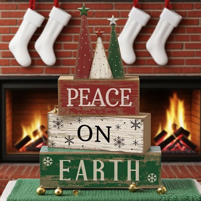 Lineshading 4 Pcs Christmas Table Decoration Wooden Christmas Tree Signs | Stackable Wooden Signs with Tree Topper for Tiered Tray, Rustic Tabletop Mantel Decor, Farmhouse Holiday Gift Accent