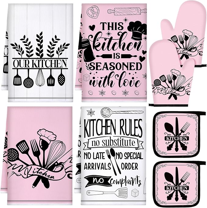 Leinuosen 8 Pcs Kitchen Towels and Oven Mitts Sets Pot Holders Dishcloths Set Kitchen Decorative Accessories Absorbent Potholders Heat Resistant for Chef Baking Cooking